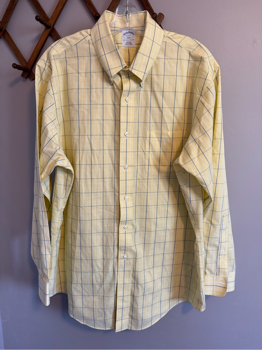 Brooks Brothers 346 Slim Fit Button Down Yellow Plaid Shirt 17-4/5